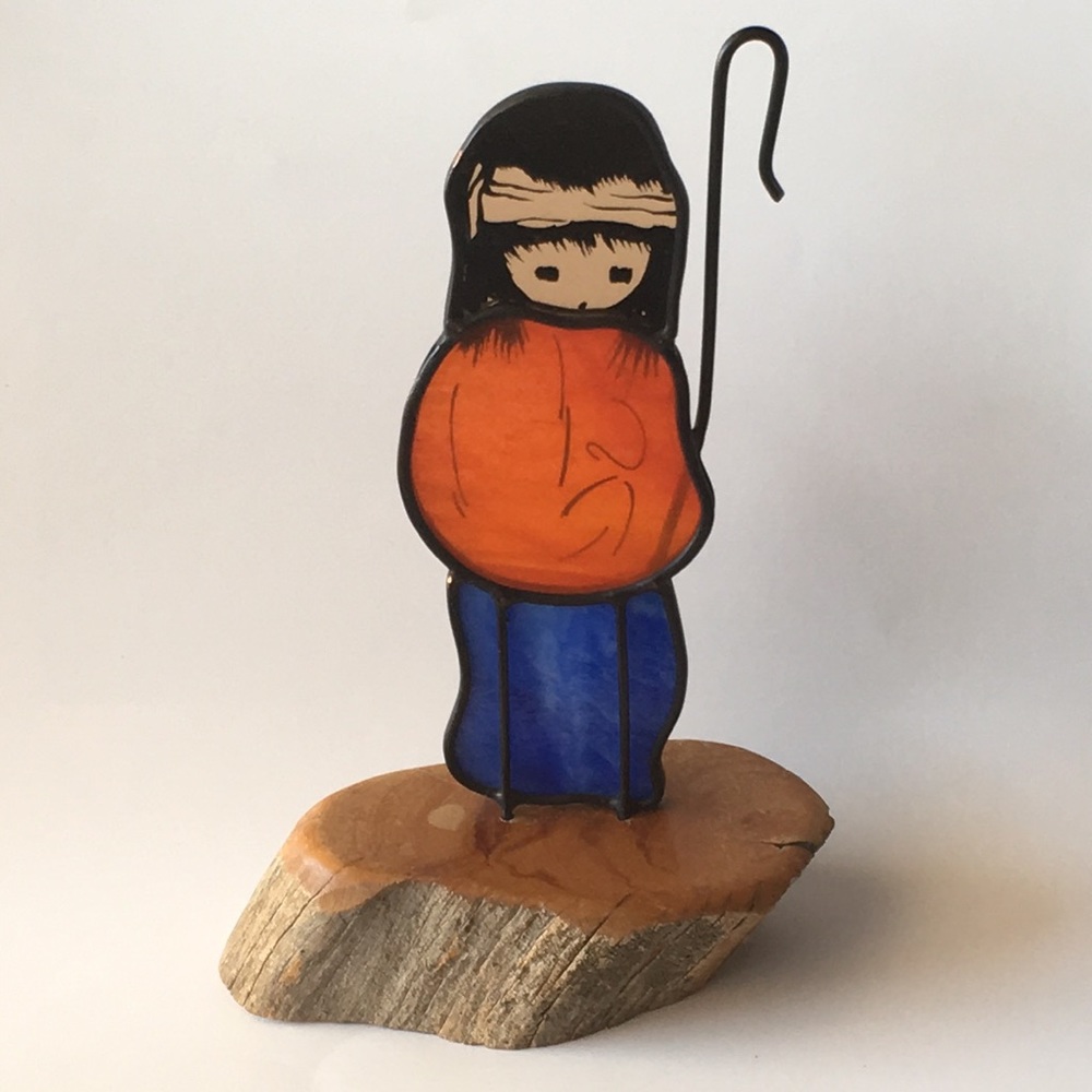 DeGrazia Stained Glass Shepherd Figurine on Wooden Base